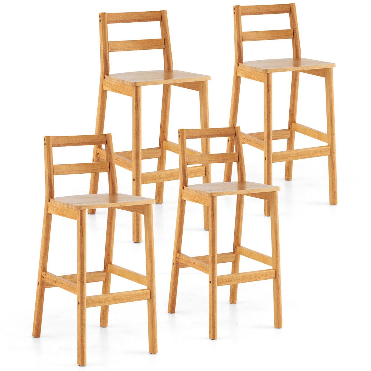 Set Of 4 Solid Rubber Wood Bar Stools 28 Dining Chairs W/ Backrests Natural